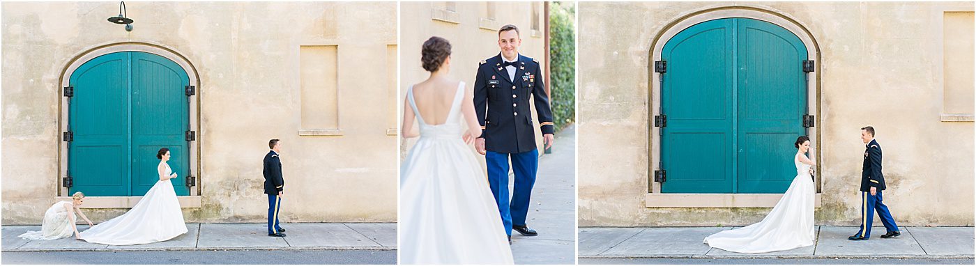 First look photos at Dock Street Theater | French Huguenot Church Charleston Wedding Photos | Charleston SC wedding photographer Catherine Ann Photography
