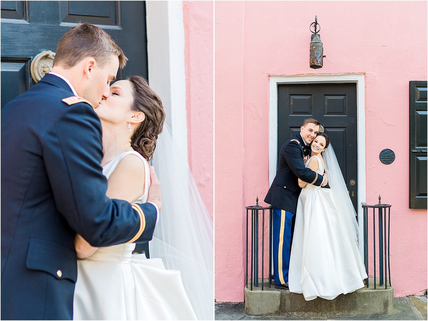 Charleston SC wedding photos with pink building | Catherine Ann Photography