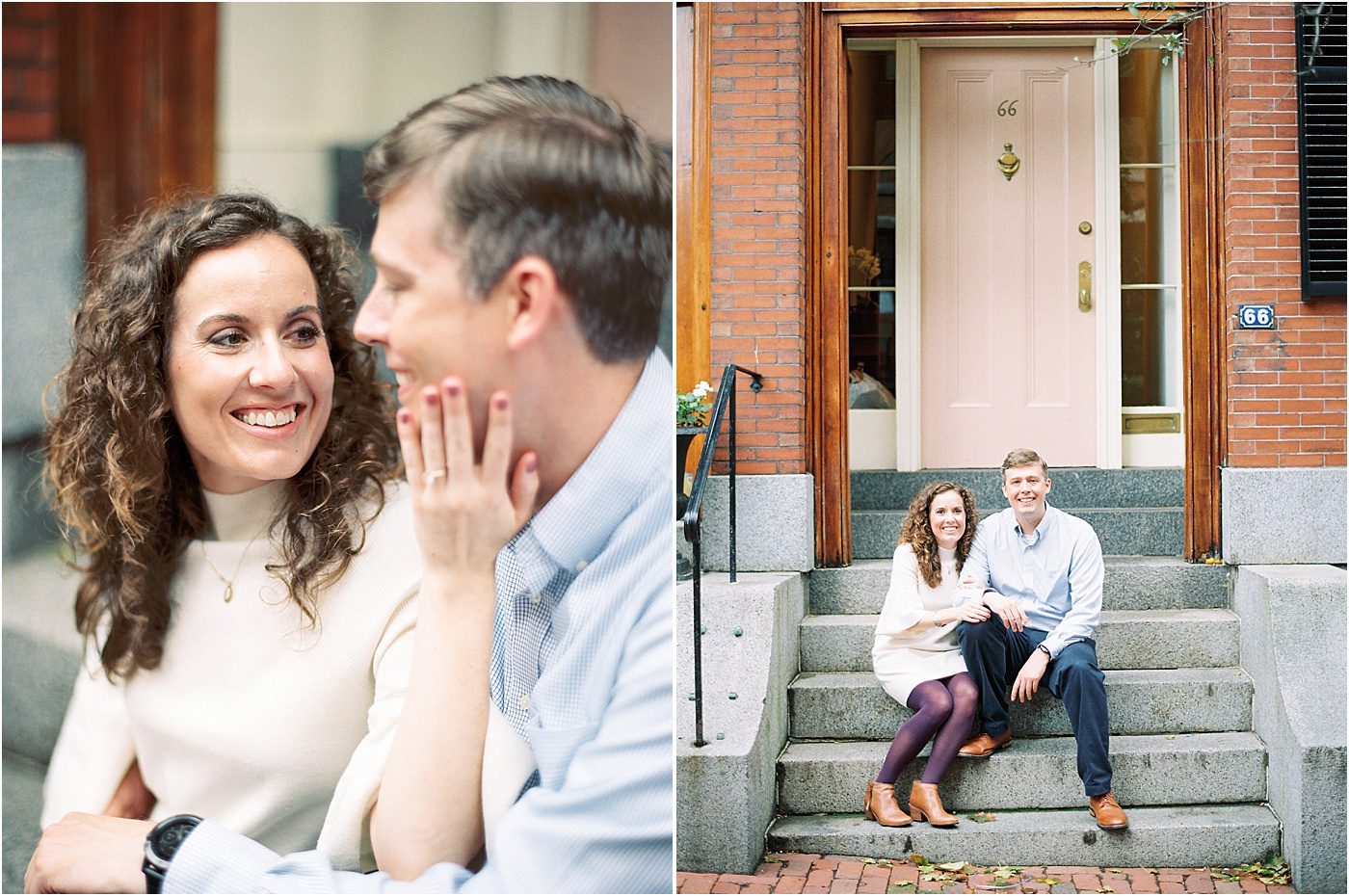 Couple sitting on brownstone steps with pink door for engagement photos in Beacon Hill | Catherine Ann Photography