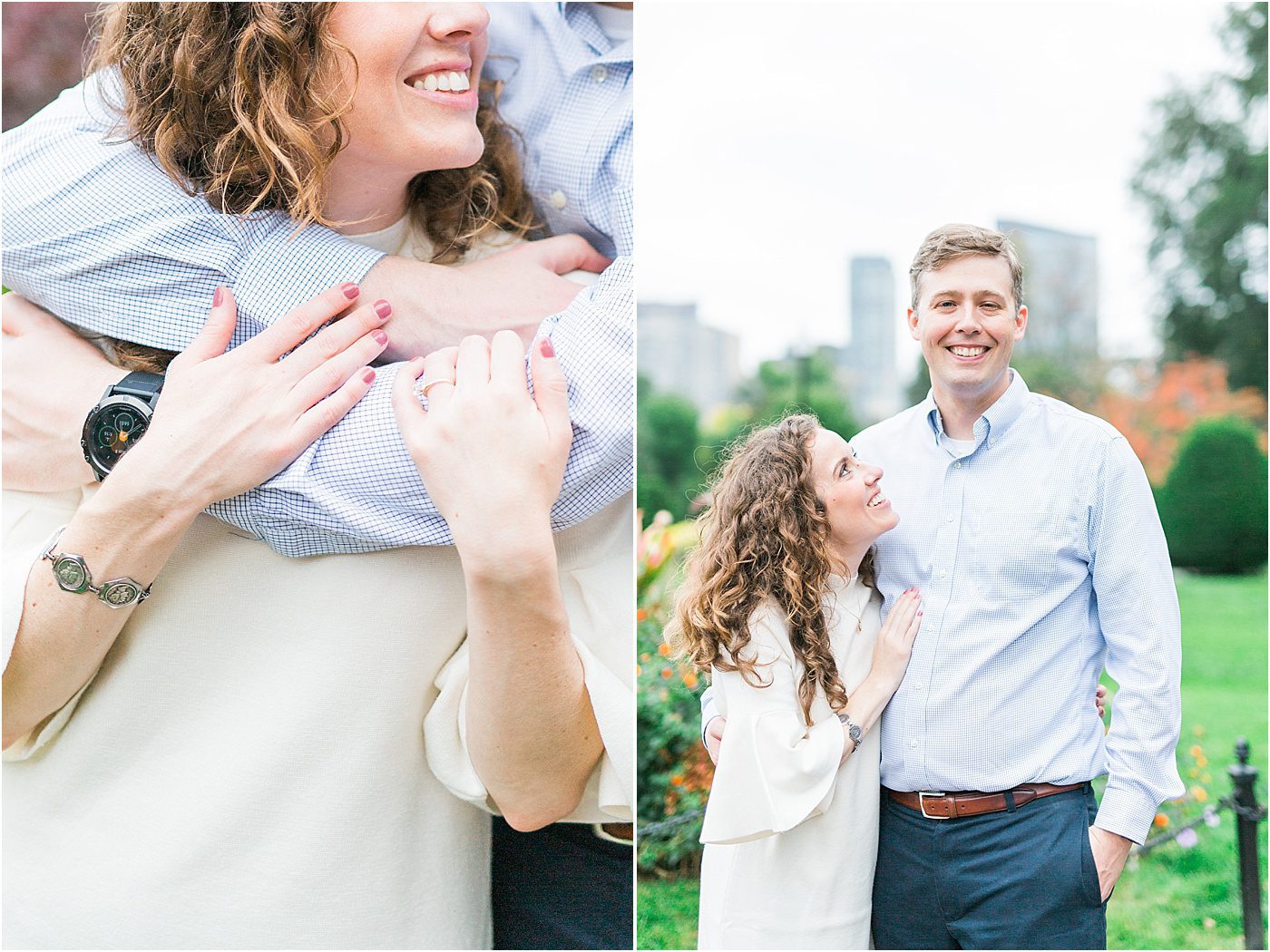 Engagement photos of Boston public gardens with skyline in the background | Catherine Ann Photography