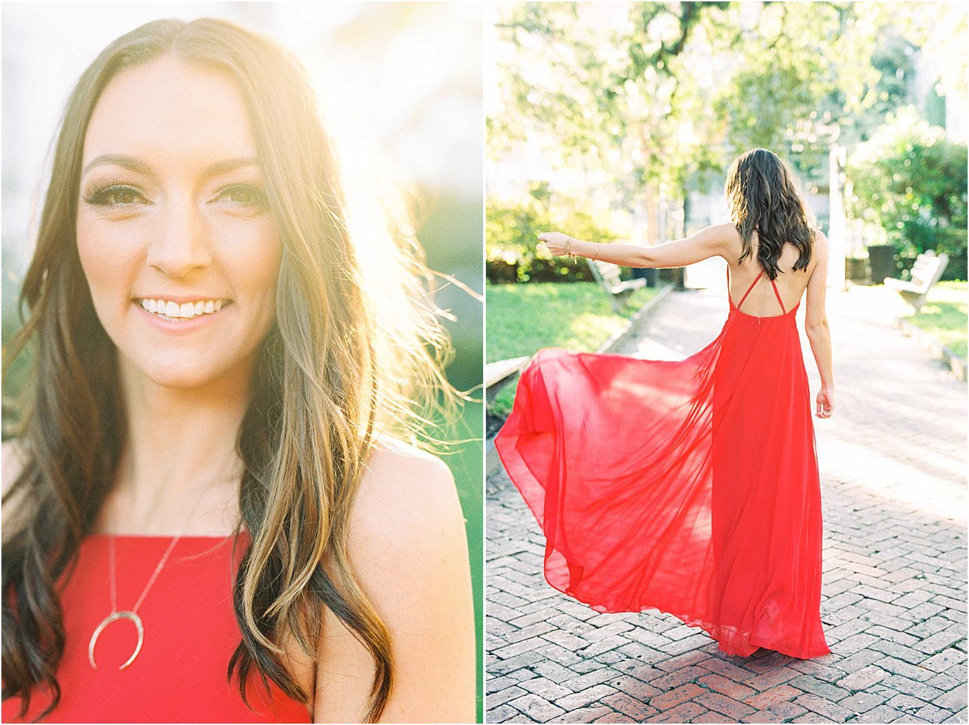 Girl wearing a red dress for engagement photos Charleston SC | Catherine Ann Photography