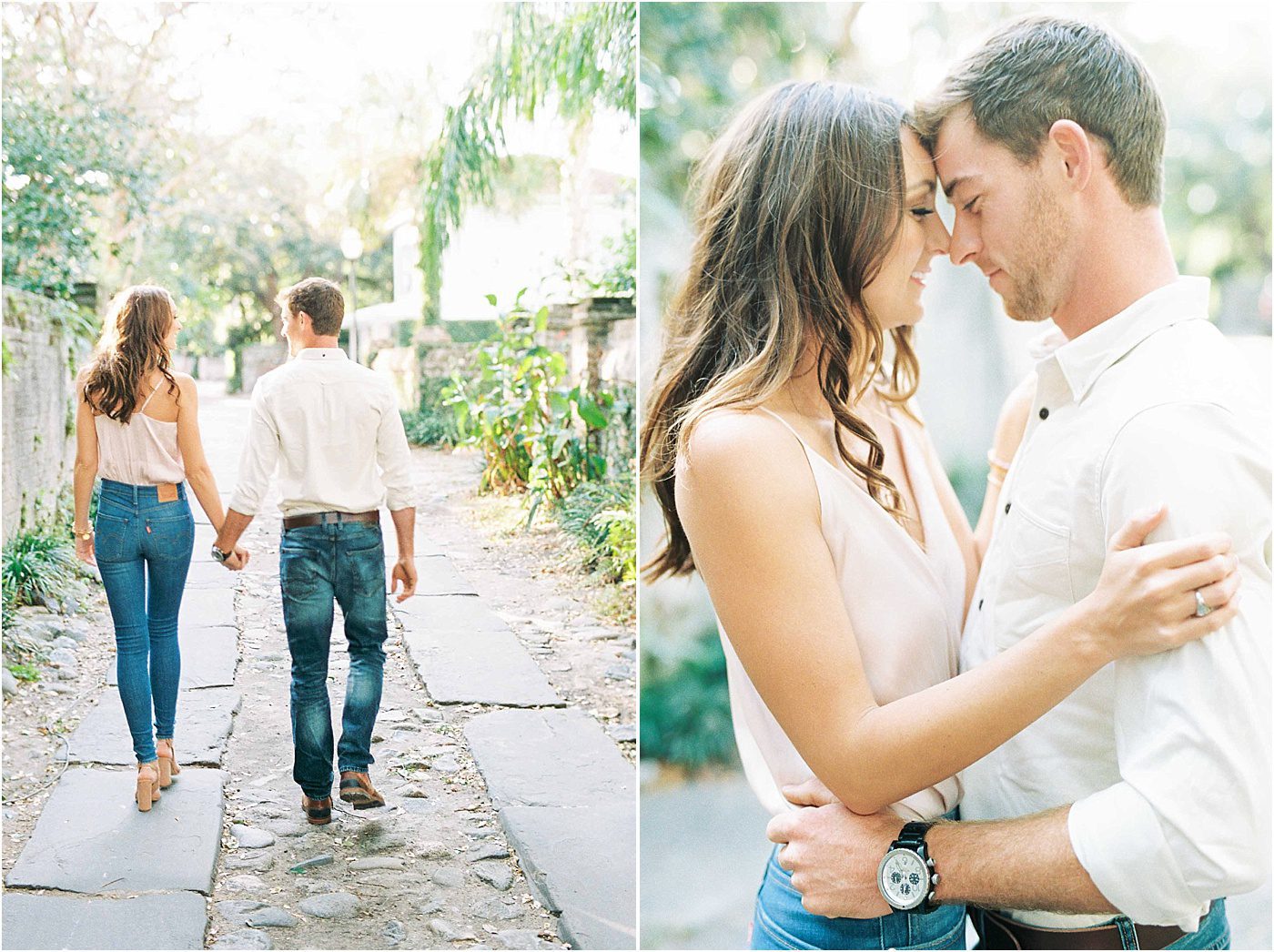 Couple walking together down cobblestone street in Charleston | Catherine Ann Photography