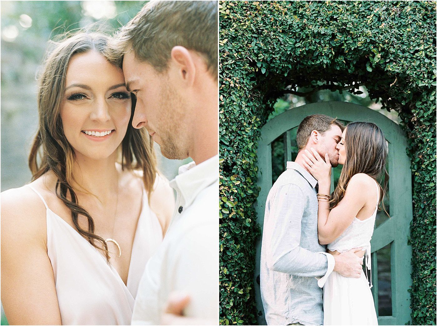 Couple kissing in front of garden gate downtown Charleston | Catherine Ann Photography