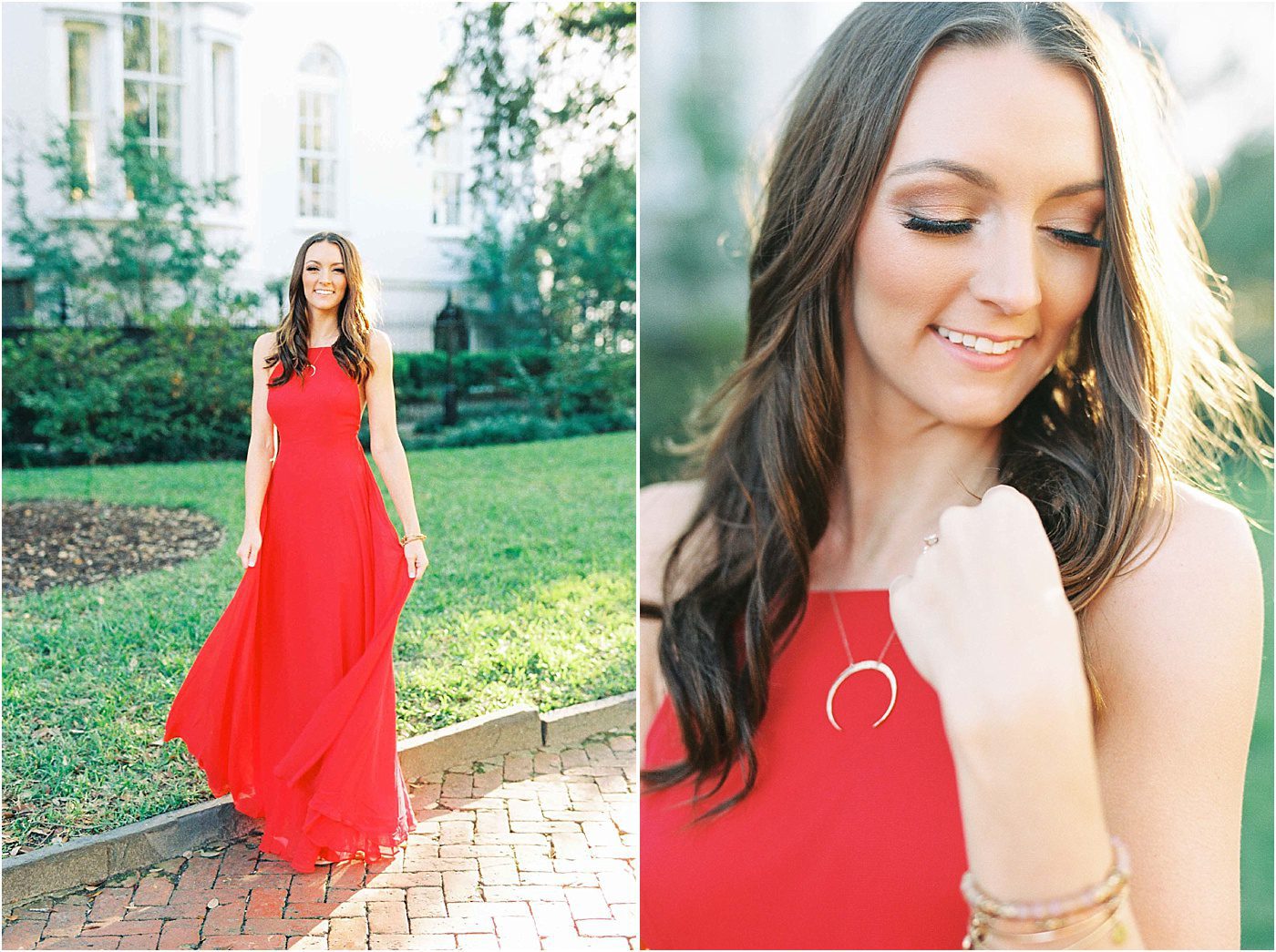 Golden hour engagement photo girl wearing dress | Catherine Ann Photography