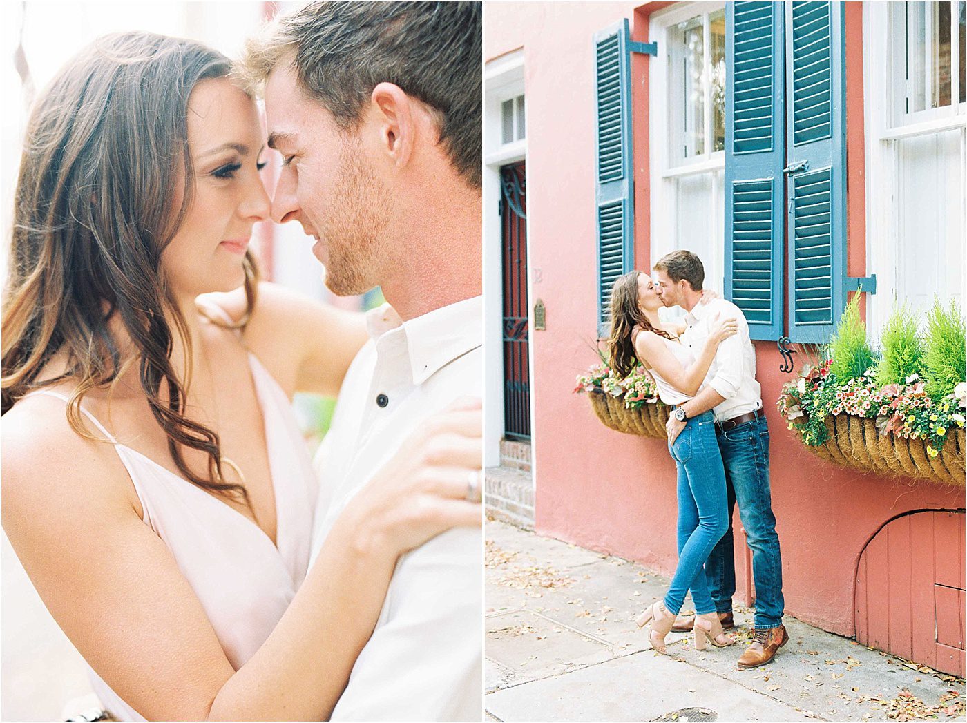 Engagement pic in front of pink and blue historic home with flower boxes downtown Charleston | Catherine Ann Photography