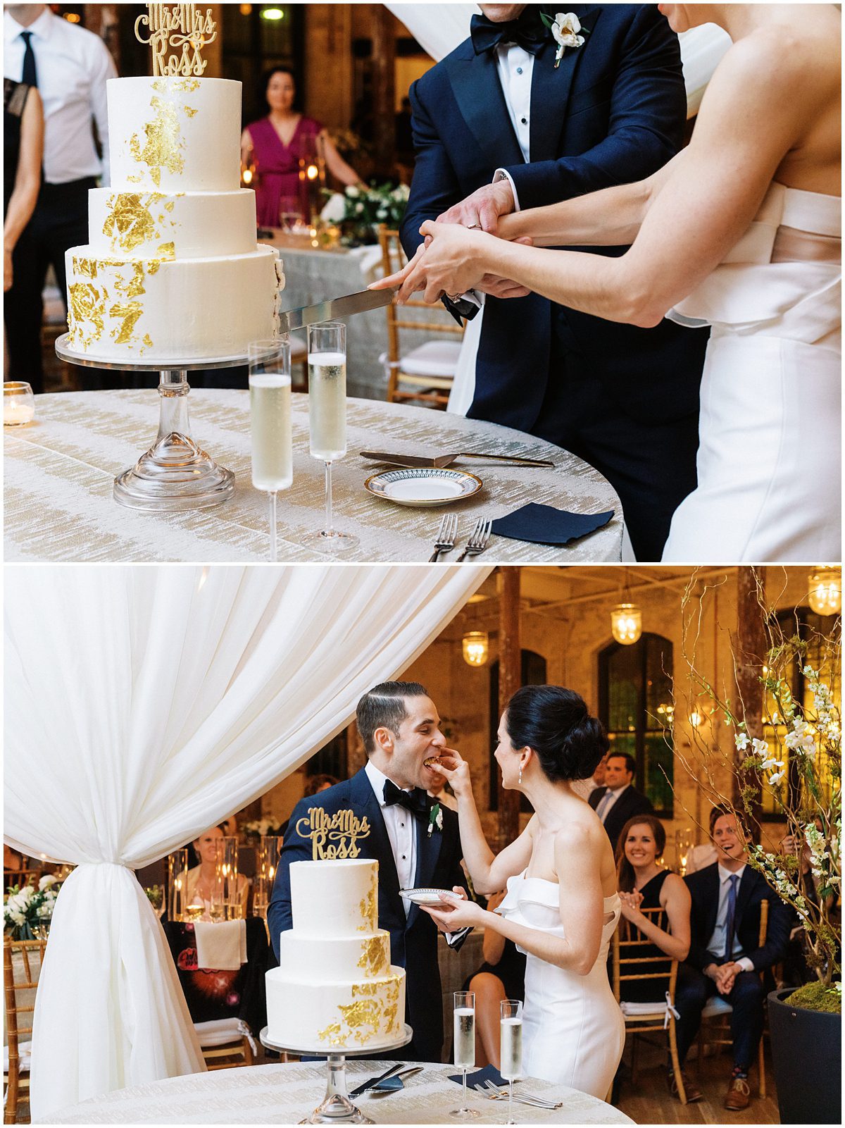 Modern bride and groom cutting their cake at their Cedar Room wedding reception
