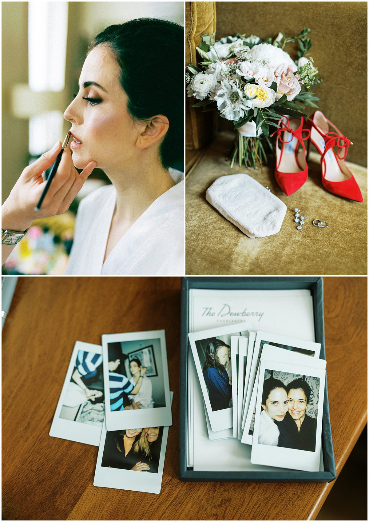 candid photos of bride getting makeup done at the dewberry hotel in Charleston