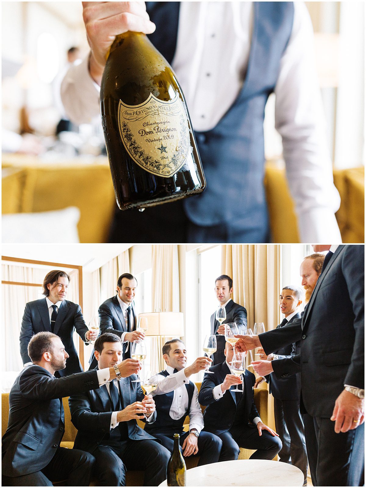 groom and groomsmen drinking dom perignon 