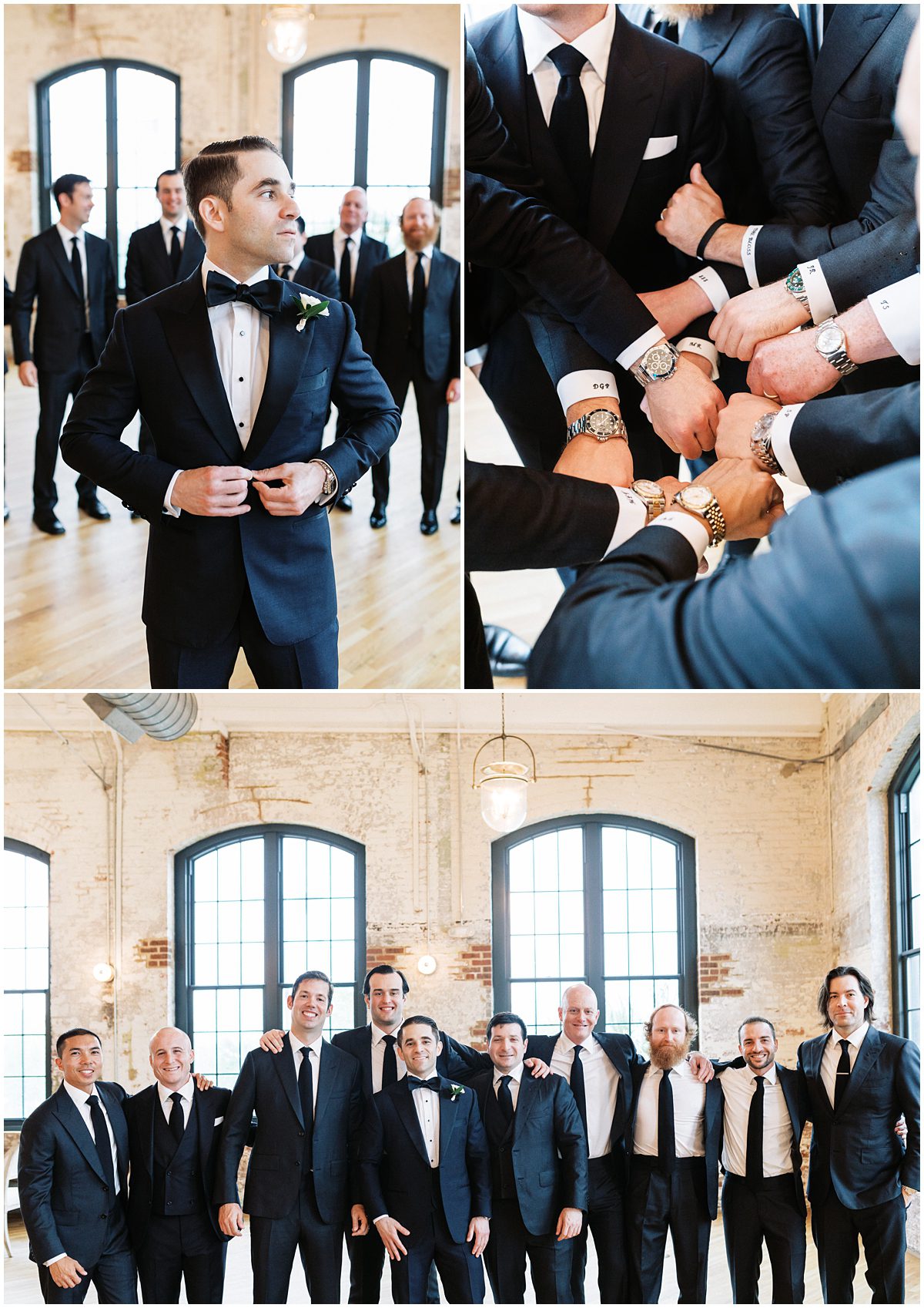 Groom and groomsmen have their initials embroidered on their sleeve cuffs