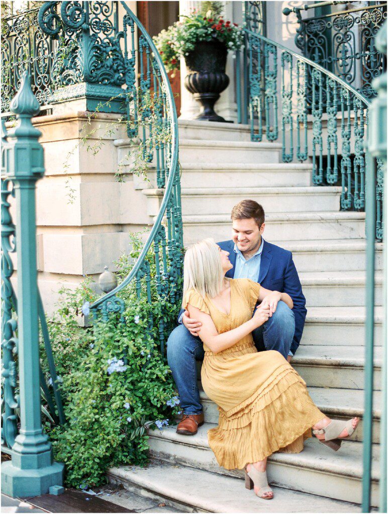 Destination engagement pictures in Charleston with yellow dress by film photographer Catherine Ann Photography