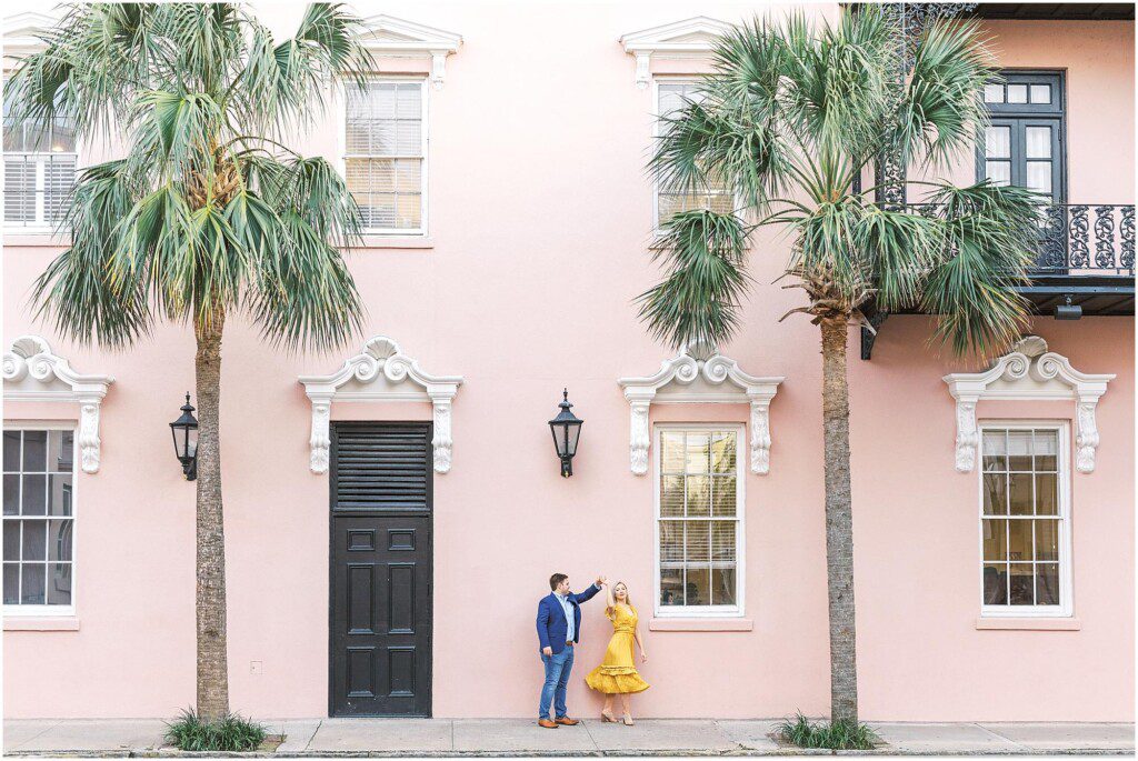 Destination engagement pictures in Charleston with yellow dress by film photographer Catherine Ann Photography