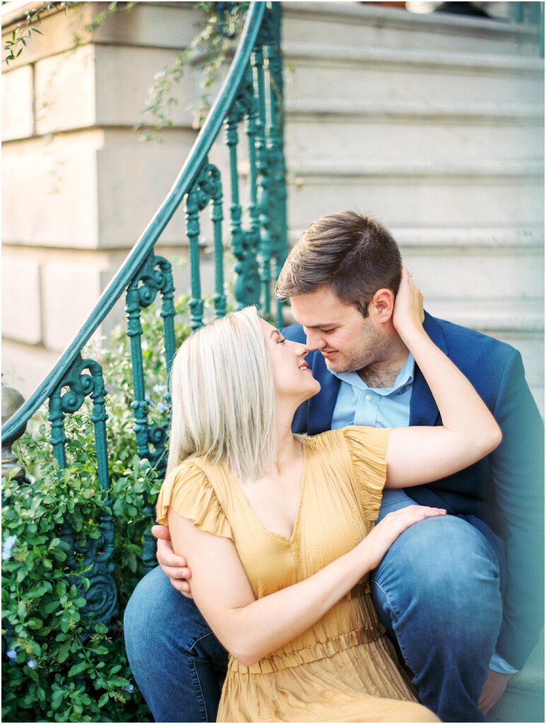 Destination engagement pictures in Charleston with yellow dress by film photographer Catherine Ann Photography