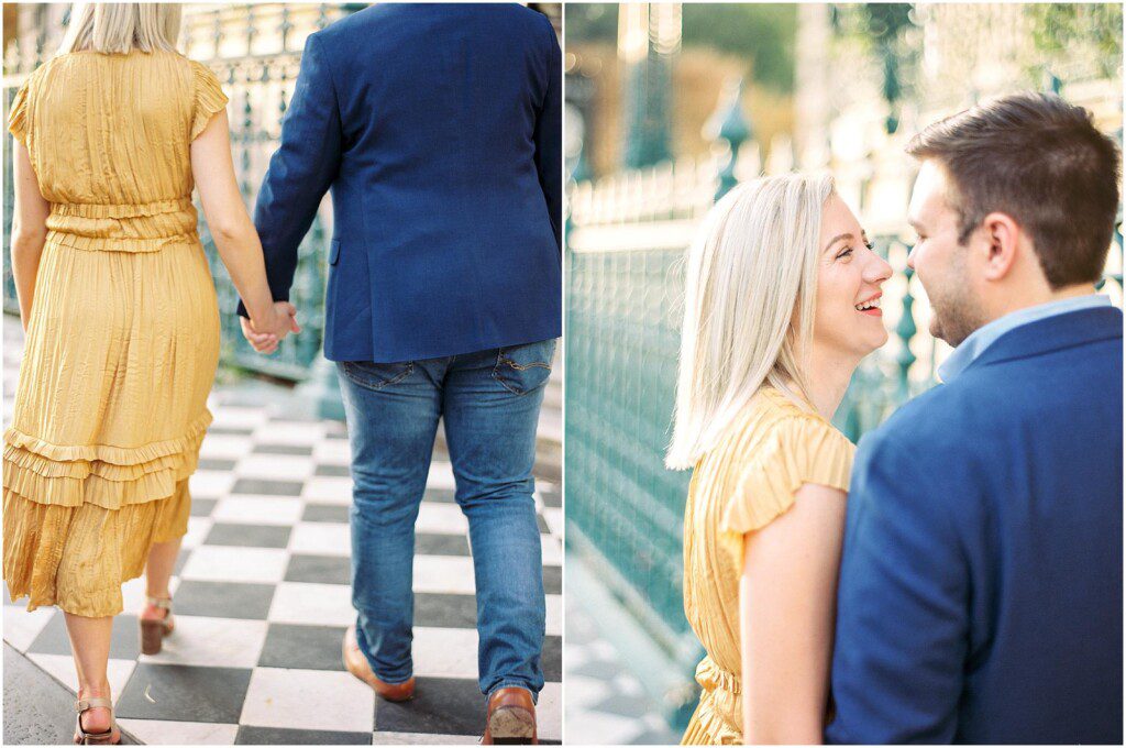 Destination engagement pictures in Charleston with yellow dress by film photographer Catherine Ann Photography