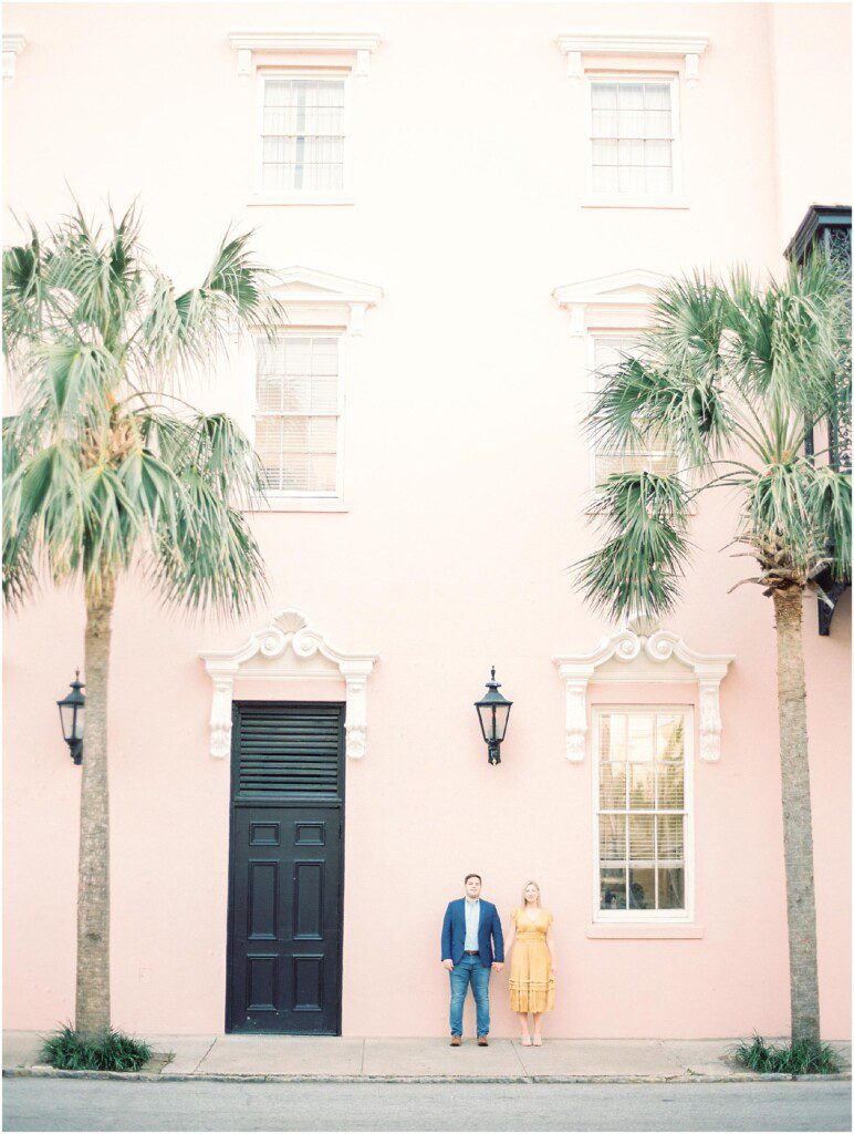 Destination engagement pictures in Charleston with yellow dress by film photographer Catherine Ann Photography