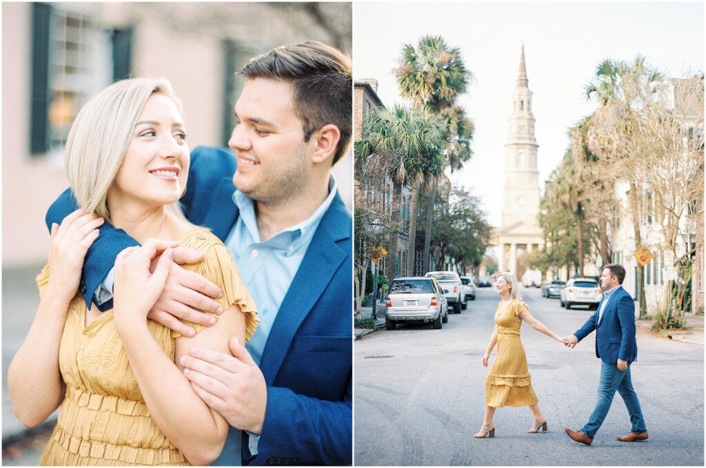 Destination engagement pictures in Charleston with yellow dress by film photographer Catherine Ann Photography