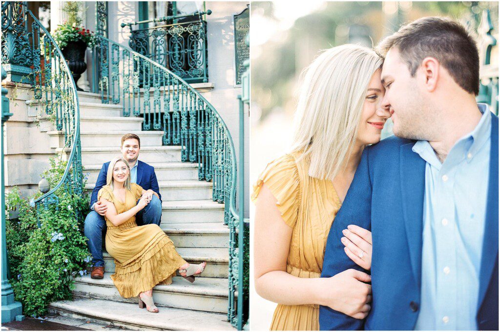 Destination engagement pictures in Charleston with yellow dress by film photographer Catherine Ann Photography