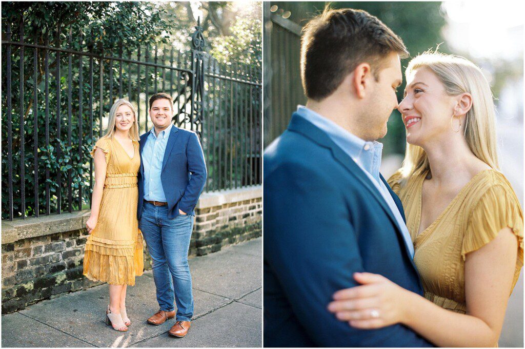 Destination engagement pictures in Charleston with yellow dress by film photographer Catherine Ann Photography