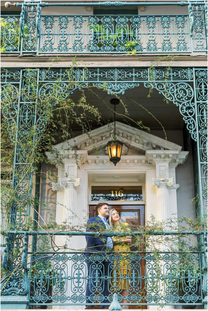 Destination engagement pictures in Charleston with yellow dress by film photographer Catherine Ann Photography