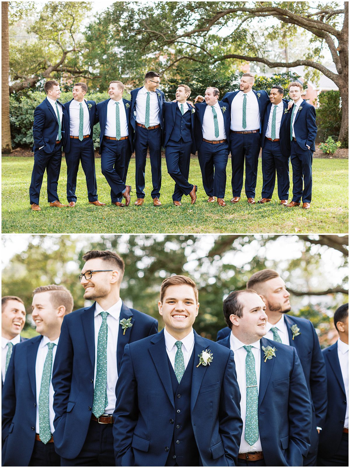 groom and groomsmen wearing navy suits and green ties