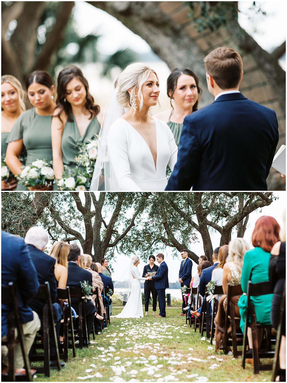 bride and groom looking at each other at their Lowndes Grove wedding ceremony on the lawn