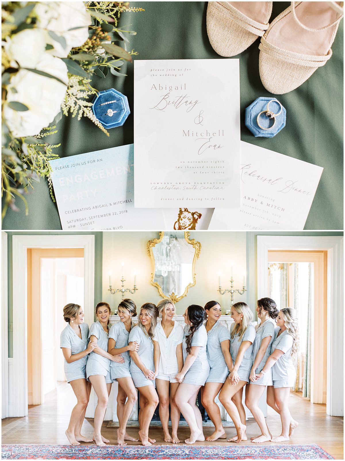 bride and her bridesmaids wearing pjs and laughing at Lowndes Grove