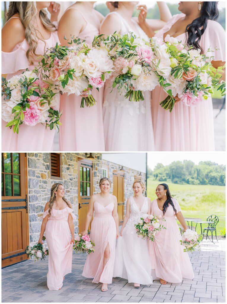 bridesmaids wearing pink dresses at a Bluestone Estate wedding in Lancaster PA