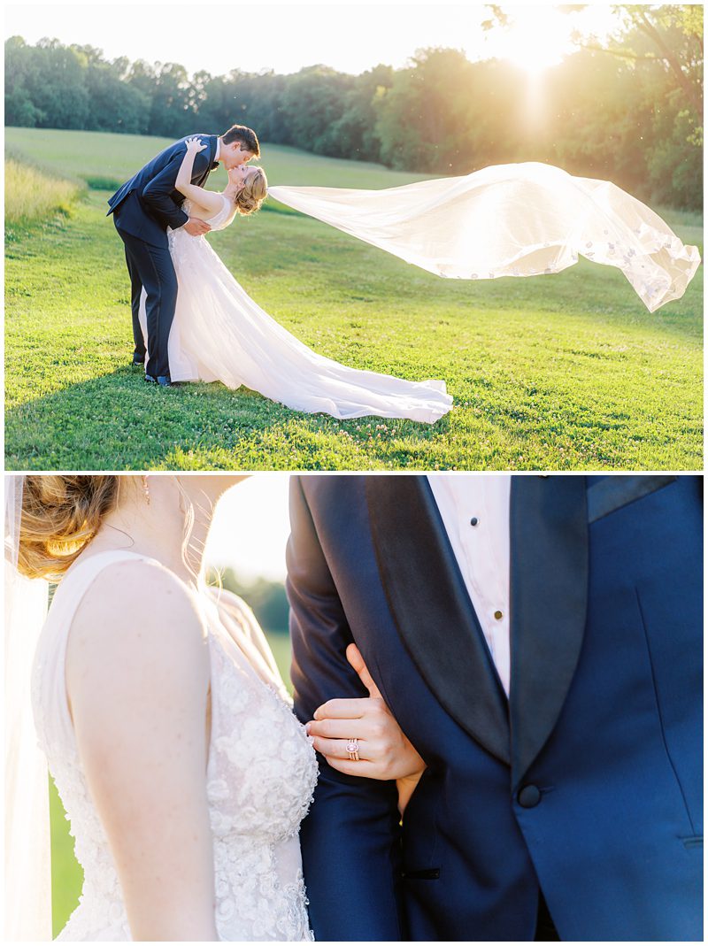 romantic wedding photo of the couple kissing and the long veil flowing in the wind by Catherine Ann Photography