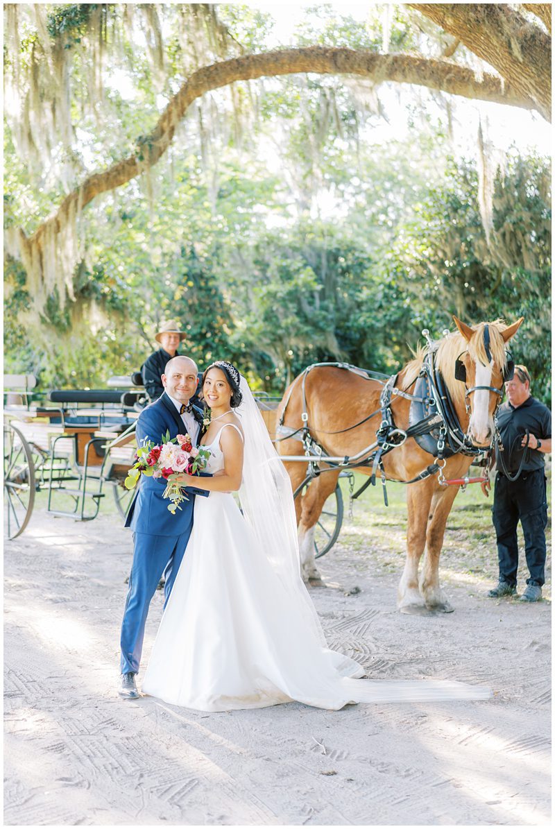 Bride and groom at Middleton Place with the horse and carriage