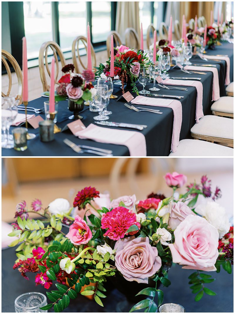Romantic black and dusty pink wedding reception decor with lots of flowers and candles
