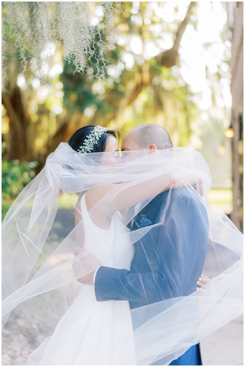 photo of bride and groom kissing under the veil