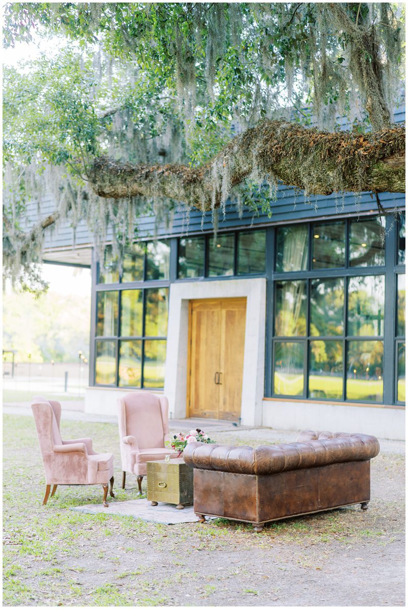 leather couch and velvet dusty pink couches for a wedding lounge from the French Eclectic in Charleston SC