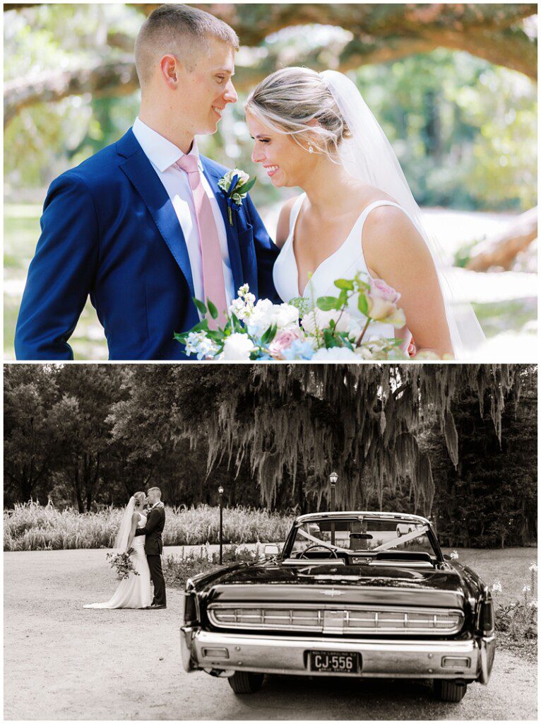 classic black and white wedding photo of the bride and groom kissing with a vintage convertible Continental car at Magnolia Gardens