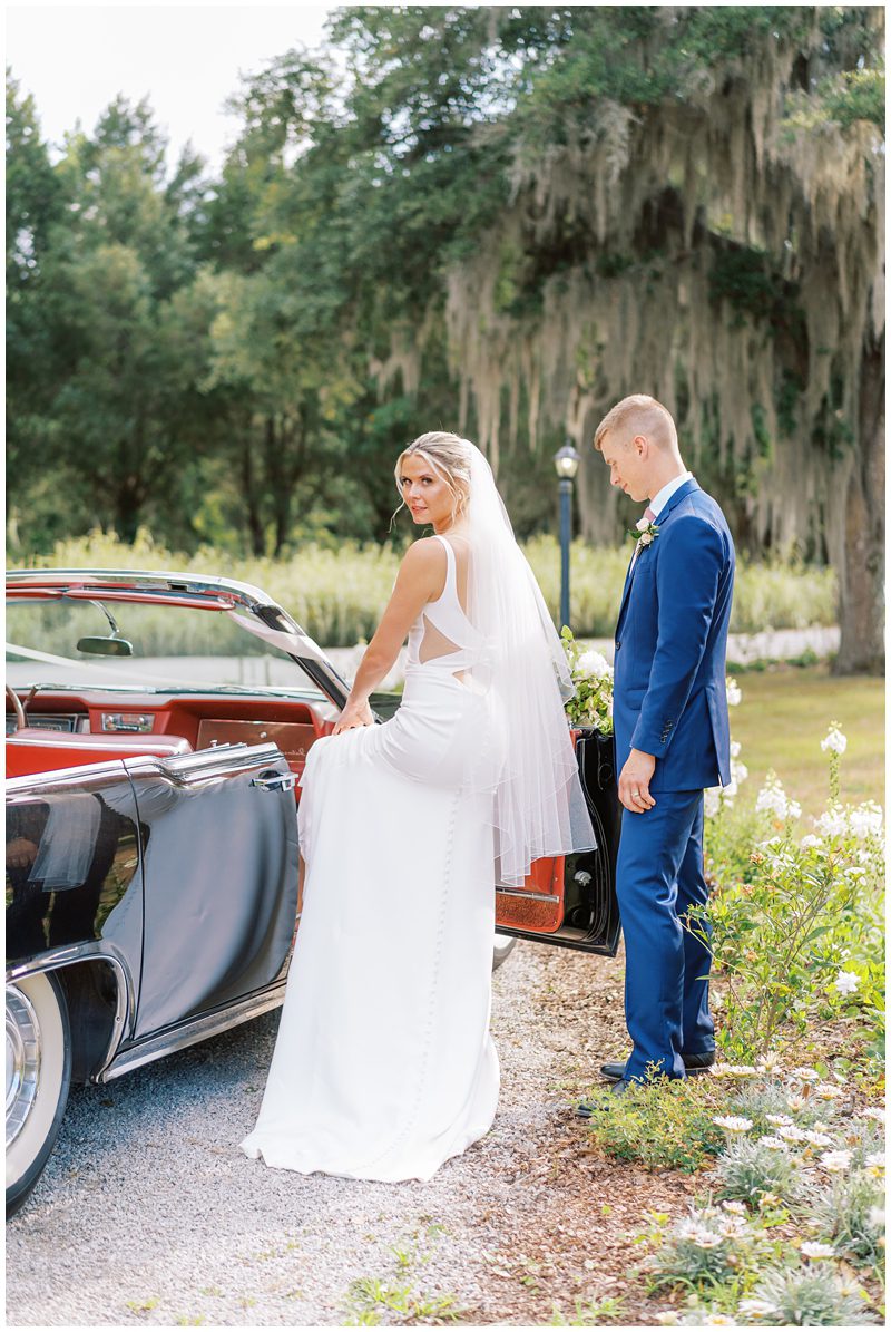 wedding photo with vintage car in Charleston