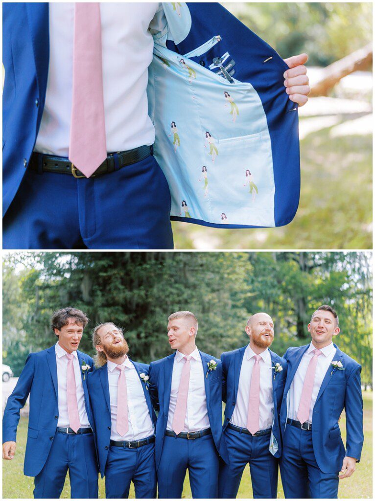 Grooms custom wedding suit with dancing girls pattern on the inside