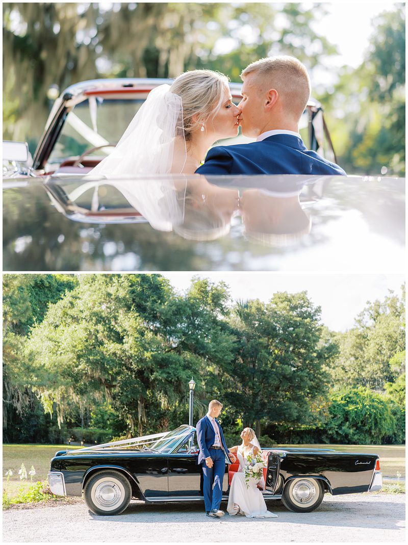 wedding photos with a vintage car in Charleston
