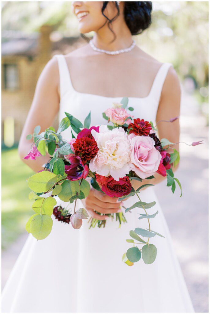 pink and red wedding bouquet for romantic Charleston wedding