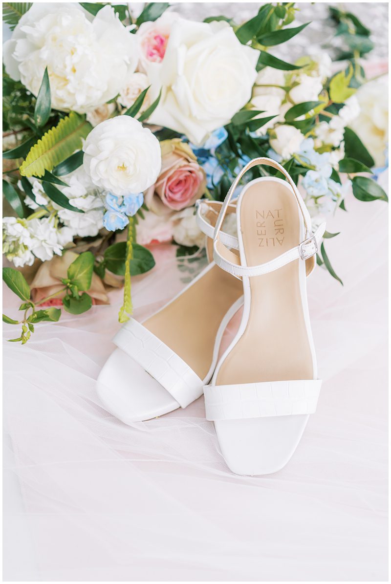 classic white block heels for a garden wedding