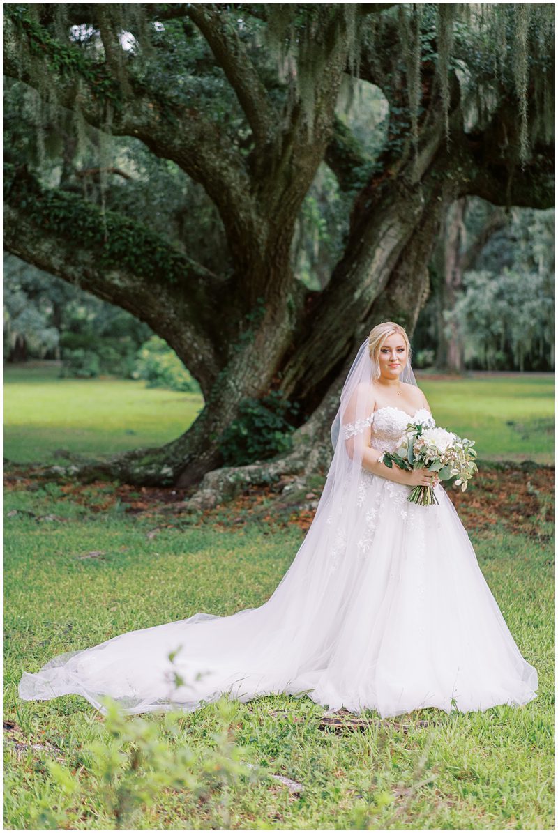 bridal portrait at Magnolia Gardens with the bride wearing a romantic ballgown