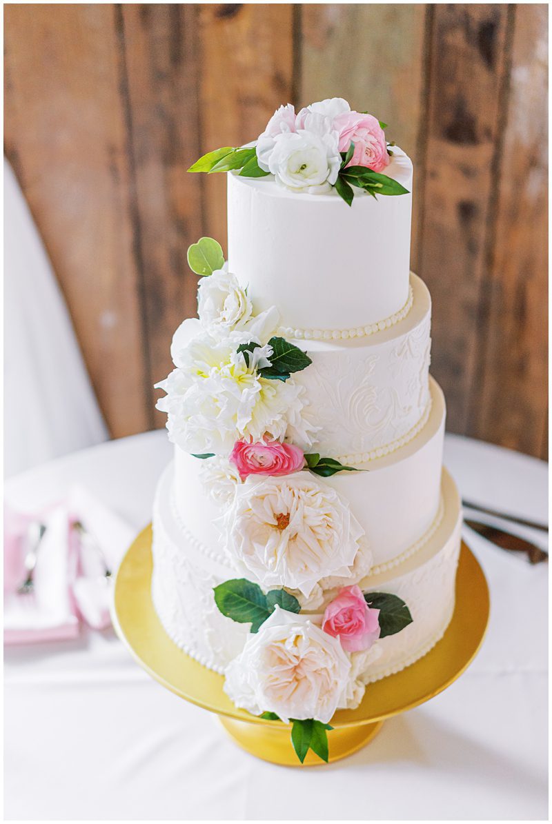 romantic white and pink wedding cake from Ashley Bakery