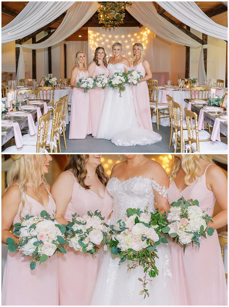 Blush pink long bridesmaids dresses with white and pink bouquets
