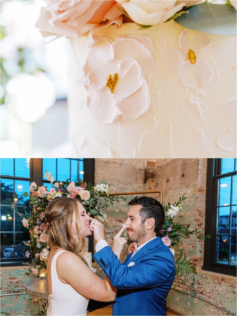 fun photo of bride and groom putting cake on each other noses