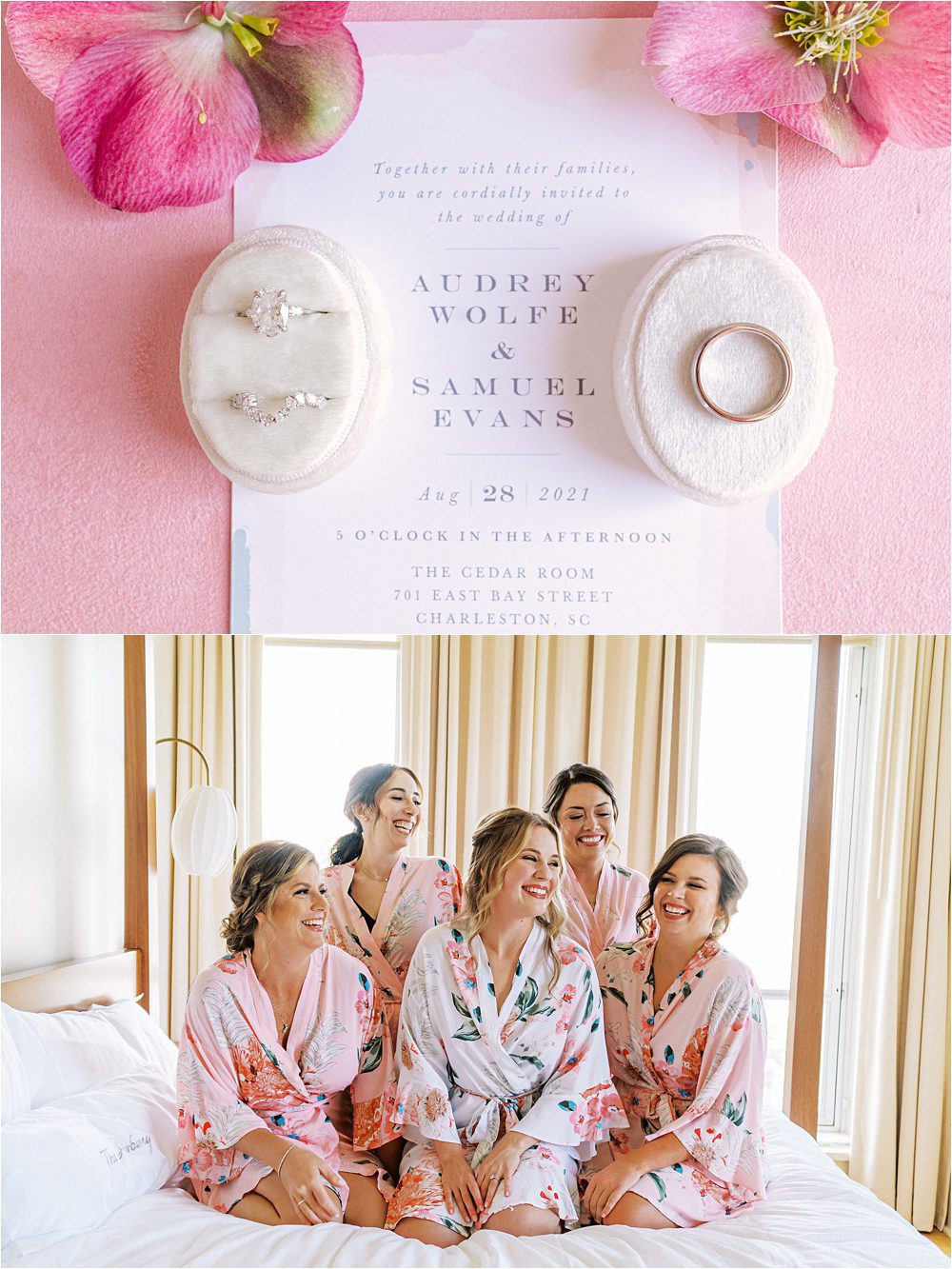 bridesmaids sitting on a bed in pink floral robes at the Dewberry Hotel