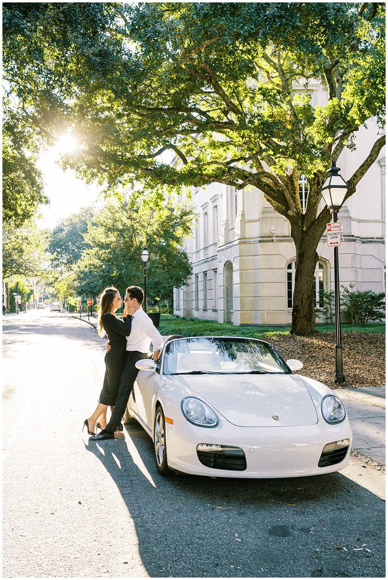 engagement photo idea with vintage car in Charleston