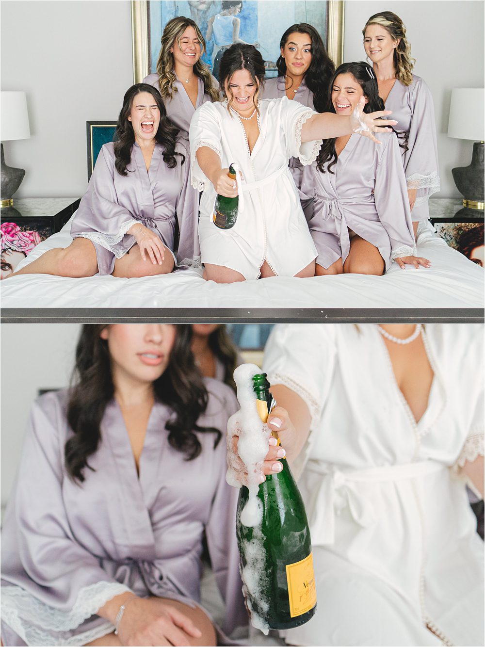 fun wedding photo of bride popping Veuve champagne