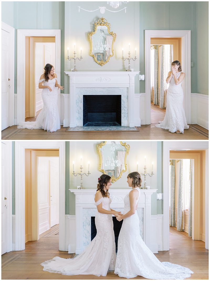 Two brides sharing a First look at Lowndes Grove