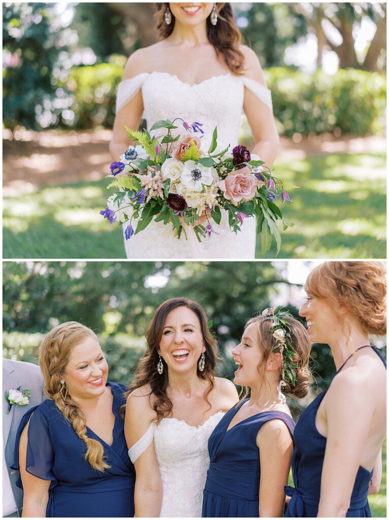 candid wedding photo bride and her bridesmaids laughing at Lowndes Grove