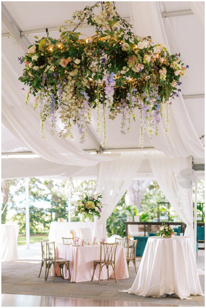 Lowndes Grove wedding reception with floral chandelier over the dance floor 