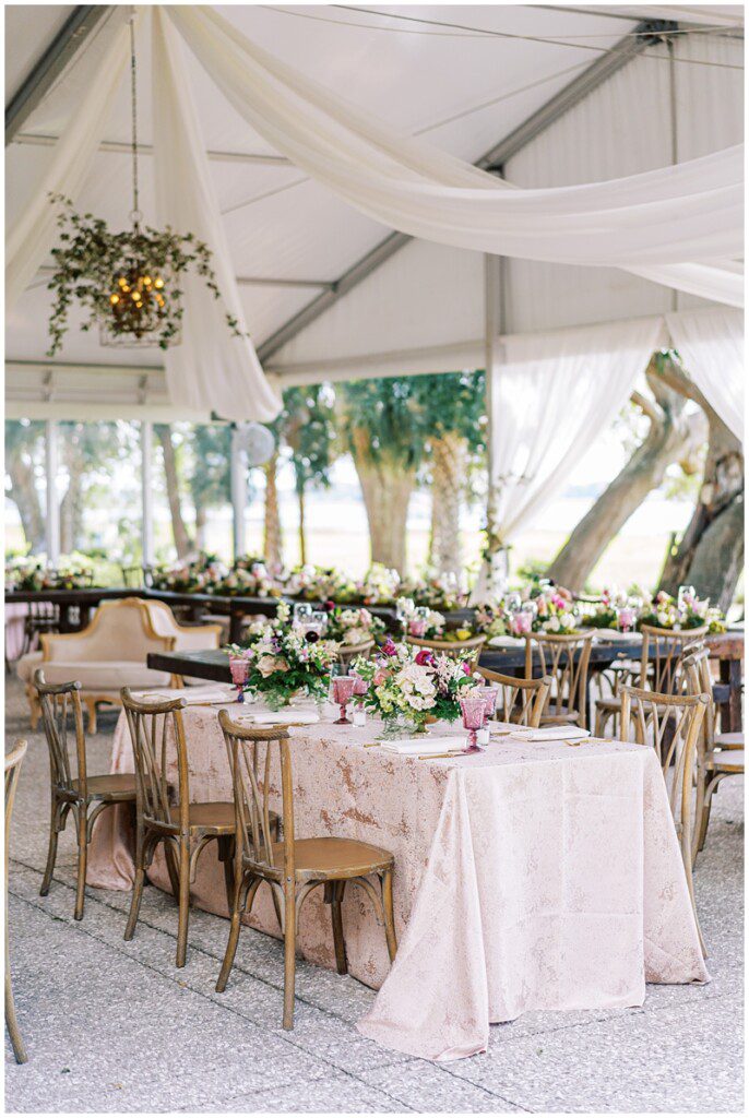 Romantic purple, blue and pink wedding decor at Lowndes Grove