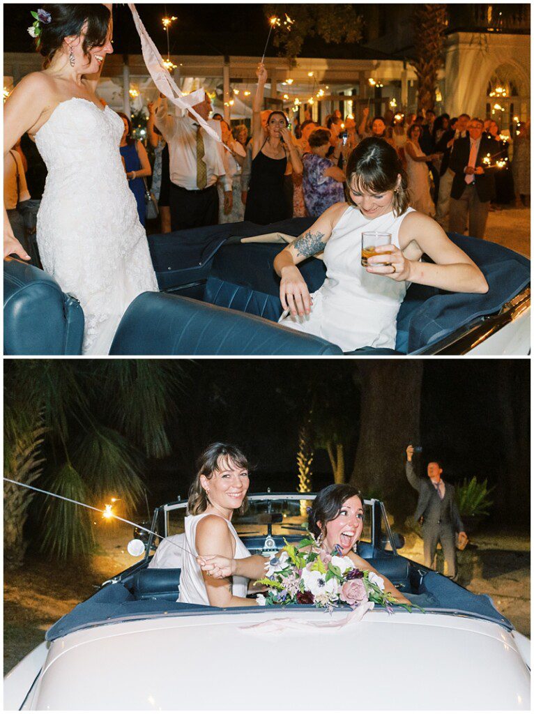 brides departing in a vintage car at their wedding