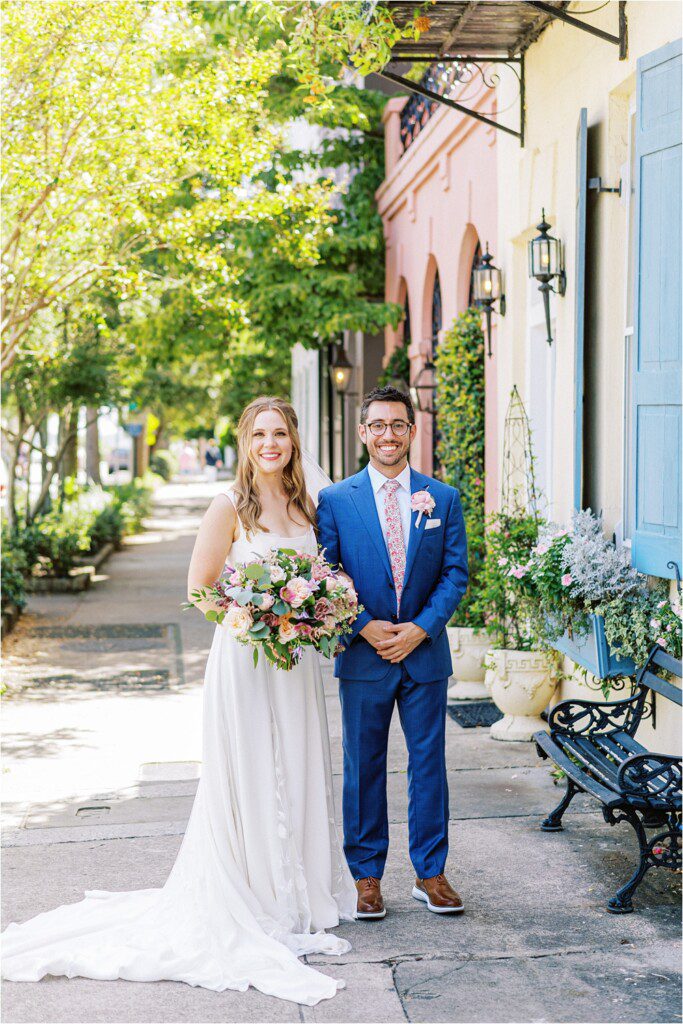 Rainbow Row wedding photo of bride and groom in Charleston SC